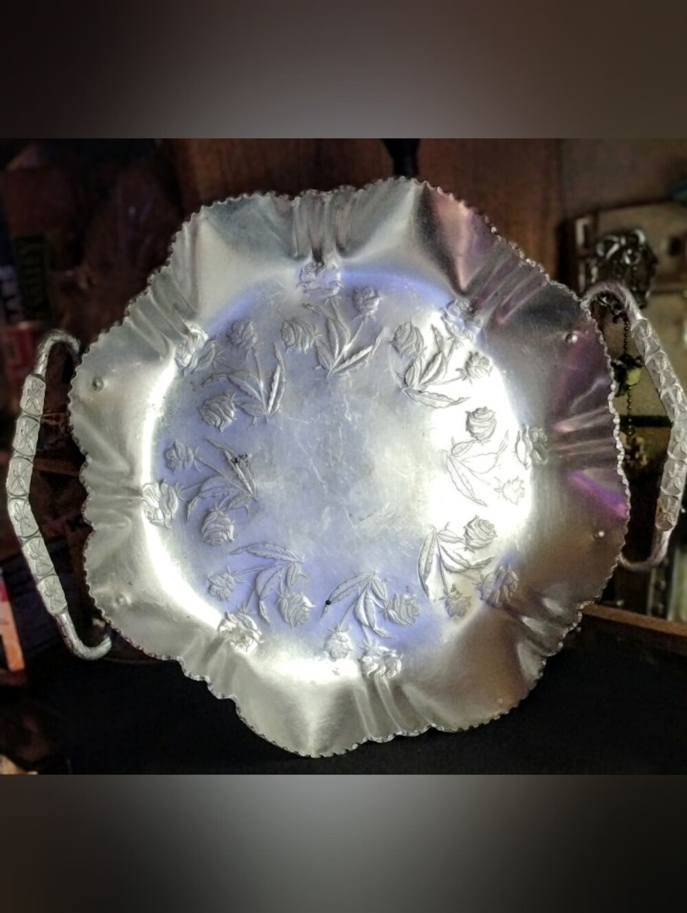 Vintage Hand Wrought Aluminum Rose Garland Serving Bowl Tray W/ Handles